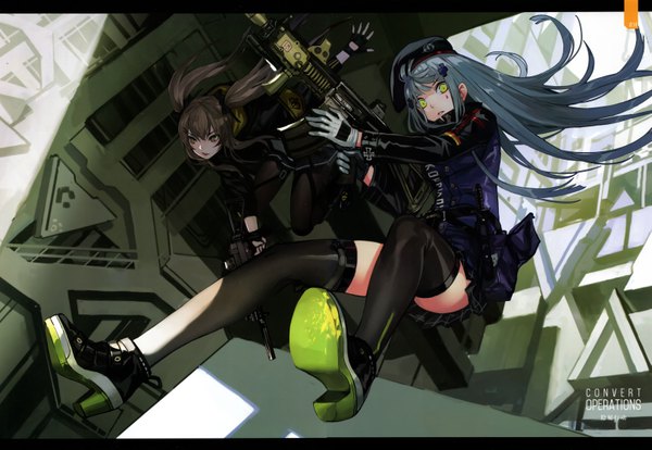 Anime picture 6460x4466 with girls frontline hk416 (girls frontline) ump9 (girls frontline) infukun long hair looking at viewer fringe highres brown hair twintails multiple girls holding brown eyes green eyes payot looking away absurdres full body parted lips official art