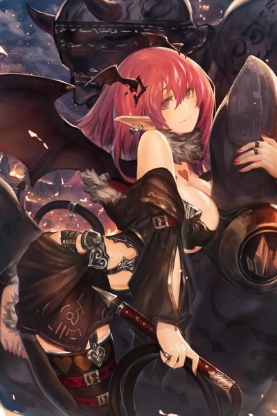 Anime picture 772x1158 with chain chronicle sega yaoya musuko single long hair tall image breasts light erotic large breasts bare shoulders pink hair cleavage nail polish pink eyes barefoot pointy ears demon girl bat wings head wings bent over