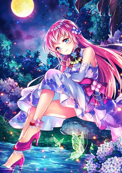 Anime picture 900x1273 with vocaloid megurine luka p@nda single long hair tall image looking at viewer blush blue eyes sitting bare shoulders pink hair hair flower night sparkle high heels night sky girl dress gloves