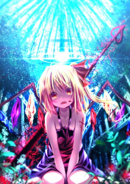 Anime picture 707x1000 with touhou flandre scarlet ryosios single tall image looking at viewer short hair open mouth blonde hair red eyes bare shoulders teeth fang (fangs) vampire girl dress flower (flowers) weapon wings crystal