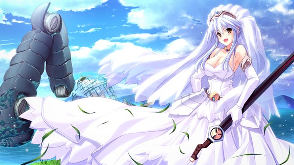 Anime picture 2048x1152 with soukyuu no soleil skyfish (studio) tsurugi hagane highres open mouth wide image yellow eyes game cg silver hair girl dress gloves weapon sword elbow gloves wedding dress veil