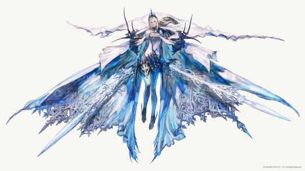 Anime picture 3840x2160 with final fantasy final fantasy xvi square enix shiva (final fantasy) takahashi kazuya single long hair looking at viewer highres simple background wide image white background holding absurdres full body white hair official art dual wielding white eyes girl