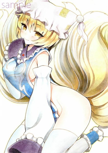 Anime picture 703x1000 with touhou yakumo ran mugicha0929 single tall image looking at viewer blush short hair breasts light erotic blonde hair simple background smile large breasts white background yellow eyes tail animal tail no bra no panties