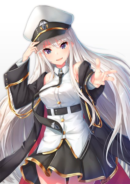 イラスト 848x1200 と アズールレーン エンタープライズ(アズールレーン) pensuke ソロ 長髪 長身像 カメラ目線 赤面 前髪 おっぱい 開いた口 simple background 笑顔 hair between eyes 紫目 銀髪 long sleeves :d pleated skirt arm up