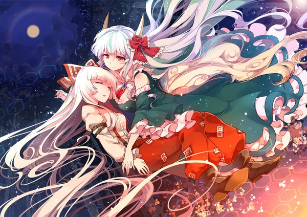 Anime picture 1300x919 with touhou fujiwara no mokou kamishirasawa keine ex-keine yetworldview kaze fringe smile red eyes bare shoulders multiple girls cleavage white hair eyes closed very long hair parted lips multicolored hair horn (horns) night two-tone hair streaked hair