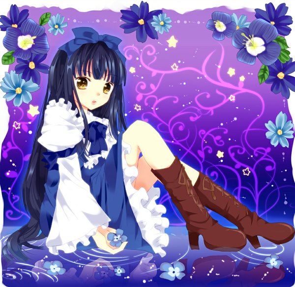 Anime picture 1000x974 with touhou star sapphire himemiya sumire single long hair black hair yellow eyes reflection girl dress flower (flowers) bow hair bow book (books)