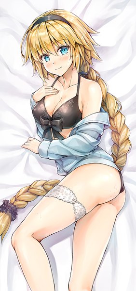 Anime picture 643x1366 with fate (series) fate/grand order jeanne d'arc (fate) (all) jeanne d'arc (swimsuit archer) kotatsu (kotatsu358) single tall image looking at viewer blush fringe breasts blue eyes light erotic blonde hair smile hair between eyes large breasts bare shoulders cleavage ass