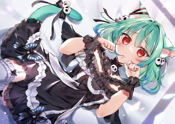 Anime picture 2263x1600 with virtual youtuber hololive uruha rushia uruha rushia (3rd costume) kasumi komo single looking at viewer highres short hair red eyes animal ears tail animal tail green hair cat ears cat girl cat tail official alternate costume frilled dress paw pose