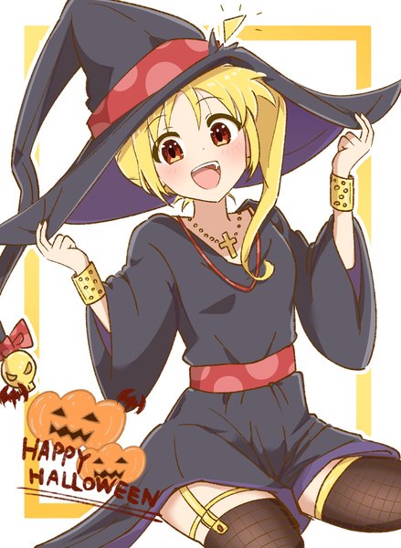 Anime picture 1033x1412 with bocchi the rock! cloverworks ijichi nijika illustratorhide single long hair tall image open mouth simple background blonde hair red eyes white background ahoge :d text side ponytail halloween english framed witch