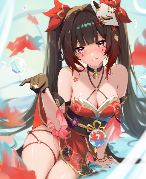 Anime picture 6264x7680 with honkai: star rail honkai (series) sparkle (honkai: star rail) lilpalette single long hair tall image looking at viewer blush fringe highres breasts light erotic red eyes brown hair large breasts twintails bare shoulders payot absurdres