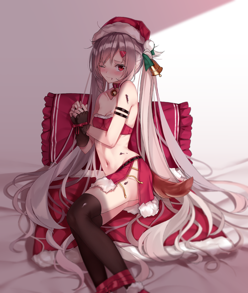 Anime picture 1883x2222 with azur lane montpelier (azur lane) shokuyou koori single tall image looking at viewer blush fringe highres light erotic red eyes sitting twintails bare shoulders payot silver hair ahoge bent knee (knees) very long hair one eye closed