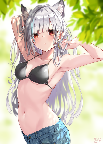 Anime picture 1500x2098 with original akino ell single long hair tall image looking at viewer blush fringe breasts light erotic red eyes standing animal ears silver hair outdoors blunt bangs multicolored hair blurry cat ears arms up