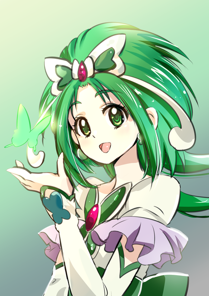 Anime picture 992x1403 with precure yes! precure 5 toei animation akimoto komachi cure mint pukara single long hair tall image open mouth simple background green eyes upper body :d green hair gradient background magical girl girl dress hair ornament