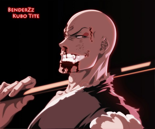 Anime picture 1000x833 with bleach studio pierrot madarame ikkaku benderzz single smile red eyes japanese clothes grin coloring torn clothes black background portrait muscle bald boy weapon kimono blood staff