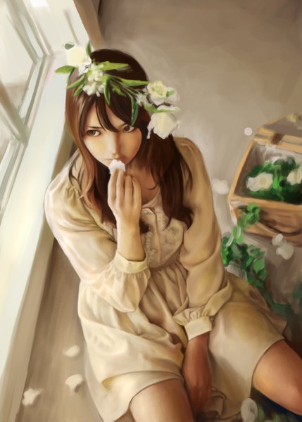 Anime picture 1816x2541 with original bou sei single tall image highres short hair brown hair sitting brown eyes hair flower realistic girl hair ornament flower (flowers) window