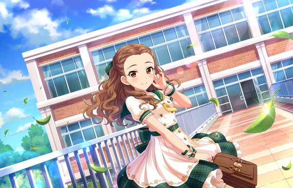 Anime picture 1280x824 with idolmaster idolmaster cinderella girls idolmaster cinderella girls starlight stage seki hiromi single long hair looking at viewer blush smile red eyes brown hair sky cloud (clouds) outdoors wind official art short sleeves dutch angle wavy hair hand on cheek
