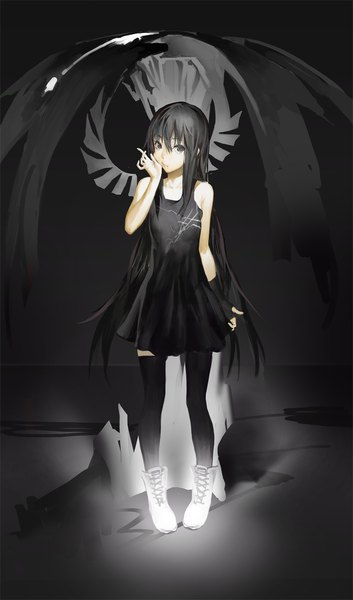 Anime picture 1200x2036 with original aituoku single long hair tall image looking at viewer black hair black eyes black wings girl thighhighs dress gloves black thighhighs wings black gloves shoes fingerless gloves black dress single glove