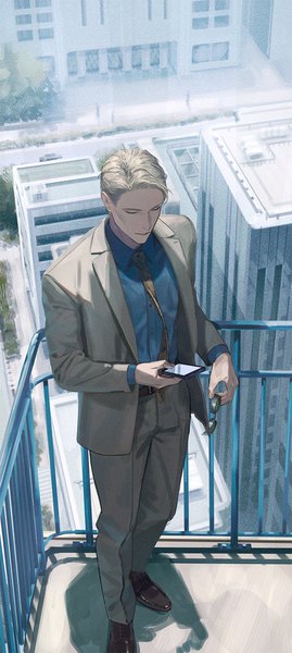 Anime picture 680x1516 with jujutsu kaisen mappa nanami kento . ( 10 404 ) single tall image short hair blonde hair standing eyes closed from above city eyewear removed boy shirt glasses necktie building (buildings) suit mobile phone