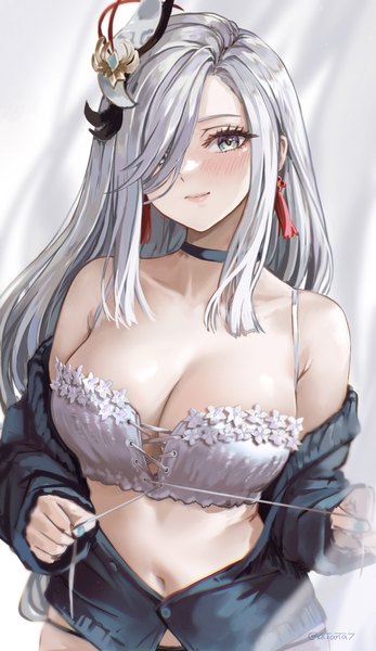Anime picture 1076x1860 with genshin impact shenhe (genshin impact) atiarta7 single long hair tall image looking at viewer blush fringe breasts light erotic smile large breasts silver hair nail polish hair over one eye lacing silver eyes partially open clothes blue nail polish