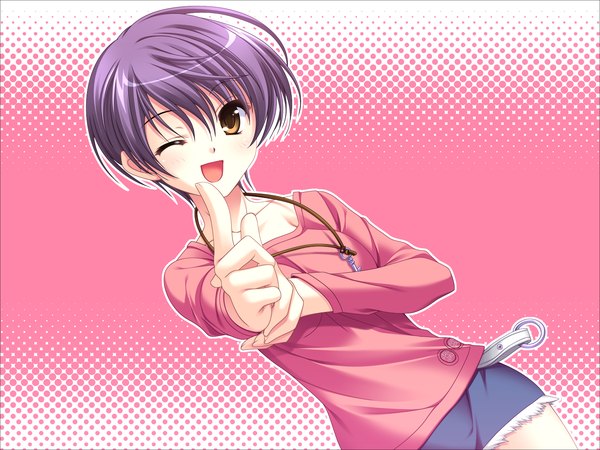 Anime picture 1600x1200 with tasogare no saki ni noboru ashita odawara hakone blush short hair open mouth brown eyes game cg purple hair one eye closed wink girl