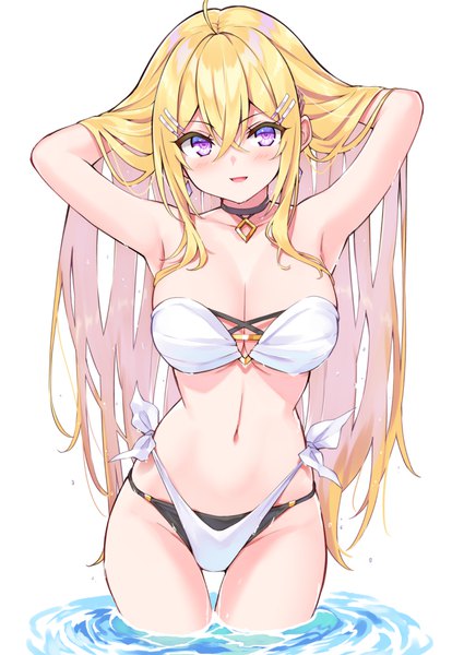 Anime picture 708x1000 with cu-no hakurei botan hisenkaede single long hair tall image looking at viewer blush fringe breasts open mouth light erotic simple background blonde hair smile hair between eyes large breasts standing white background payot
