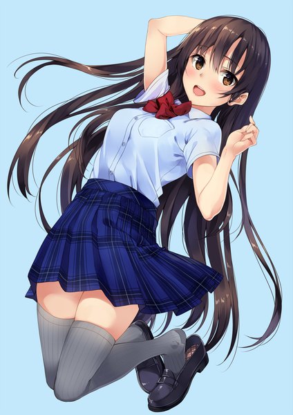 Anime picture 1413x2000 with original unasaka ryou single long hair tall image looking at viewer blush fringe open mouth simple background smile hair between eyes brown hair brown eyes :d pleated skirt arm up short sleeves zettai ryouiki plaid skirt