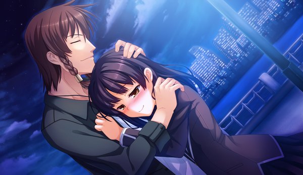 Anime picture 2660x1540 with sinclient hirano mirai reesaa blush highres short hair black hair smile wide image yellow eyes game cg couple hug girl boy