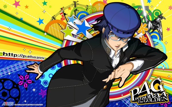 Anime-Bild 1500x938 mit persona 4 persona shirogane naoto single looking at viewer short hair open mouth wide image blue hair absurdres inscription grey eyes open collar serious logo girl uniform school uniform hat glasses