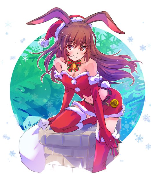 Anime picture 2000x2300 with rwby rooster teeth velvet scarlatina iesupa single long hair tall image looking at viewer highres breasts light erotic smile brown hair bare shoulders brown eyes animal ears cleavage tail animal tail bunny ears