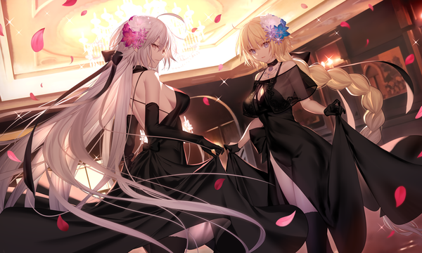 Anime picture 3000x1800 with fate (series) fate/grand order jeanne d'arc (fate) (all) jeanne d'arc alter (fate) jeanne d'arc (formal dress) (fate) mashima saki (mashimasa) looking at viewer fringe highres breasts open mouth blue eyes blonde hair hair between eyes wide image large breasts multiple girls yellow eyes ahoge white hair