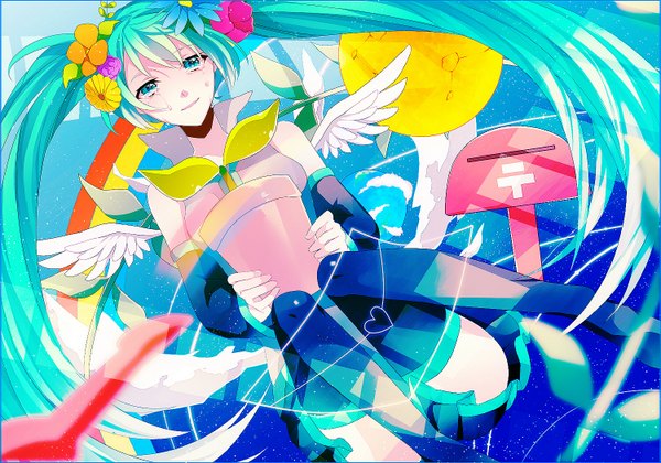 イラスト 1500x1050 と ボーカロイド hello planet (vocaloid) 初音ミク Aちき ソロ 長髪 笑顔 座る ツインテール hair flower aqua eyes aqua hair sparkle 絶対領域 angel wings crying 女の子 ストッキング スカート 髪飾り