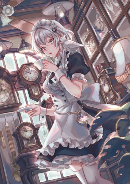 Anime picture 1771x2500 with original zoff (daria) single tall image looking at viewer fringe highres short hair open mouth hair between eyes standing holding payot indoors grey hair :o from below short sleeves maid grey eyes