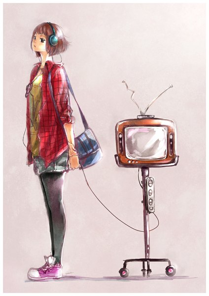 Anime picture 800x1131 with original sayuko single tall image looking at viewer fringe short hair standing red hair black eyes open clothes open shirt hands behind back plaid twisty sleeves girl shirt pantyhose shoes pendant