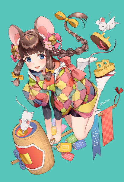 Anime picture 896x1306 with original usamochi. single long hair tall image blush fringe open mouth blue eyes simple background brown hair animal ears tail blunt bangs braid (braids) traditional clothes :d japanese clothes animal tail new year