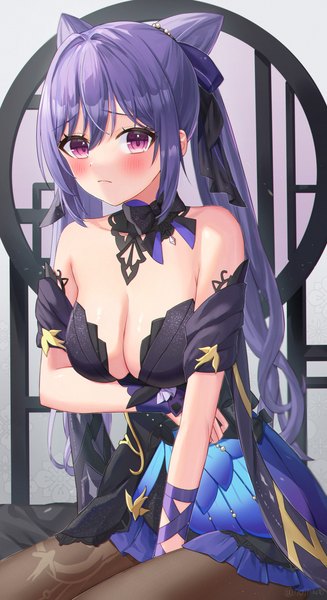 Anime picture 1529x2802 with genshin impact keqing (genshin impact) keqing (opulent splendor) (genshin impact) mikoto (0709mikoto) single long hair tall image looking at viewer blush fringe breasts light erotic hair between eyes large breasts sitting purple eyes twintails bare shoulders payot cleavage