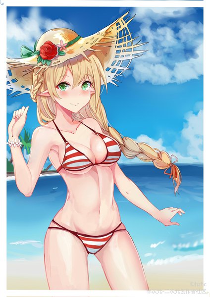 Anime picture 1240x1754 with original hzhc single long hair tall image looking at viewer blush fringe breasts light erotic blonde hair hair between eyes large breasts standing bare shoulders green eyes signed payot sky cleavage