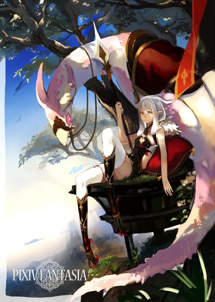 Anime picture 1000x1402 with original pixiv fantasia pixiv fantasia t cachu single long hair tall image yellow eyes white hair pointy ears sleeveless reclining girl weapon plant (plants) tree (trees) pillow spear flag claws