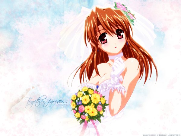 Anime picture 1280x960 with brown hair cleavage flower (flowers) tagme