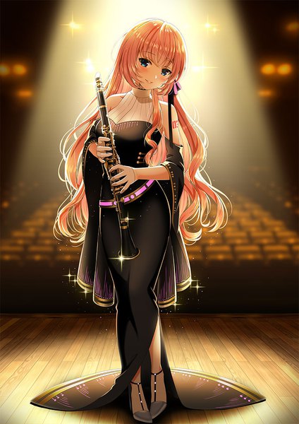 Anime picture 778x1100 with vocaloid miku symphony (vocaloid) megurine luka yuuka nonoko single long hair tall image looking at viewer blush fringe breasts blue eyes smile standing bare shoulders holding payot full body indoors head tilt