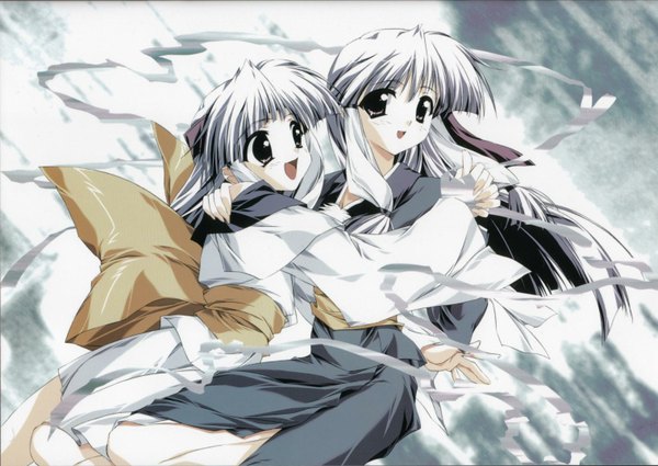Anime-Bild 1516x1076 mit nijuuei sui (nijuuei) iru (nijuuei) long hair looking at viewer open mouth multiple girls looking away bent knee (knees) traditional clothes :d japanese clothes official art holding hands polychromatic girl ribbon (ribbons) bow 2 girls hair ribbon