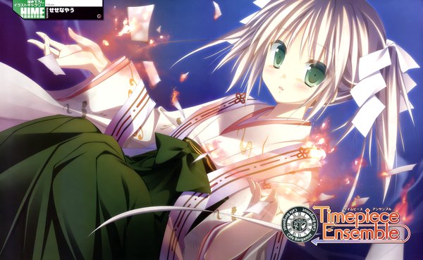 Anime picture 4000x2460 with timepiece ensemble dengeki hime sesena yau single blush highres short hair wide image green eyes absurdres silver hair traditional clothes scan official art girl fire