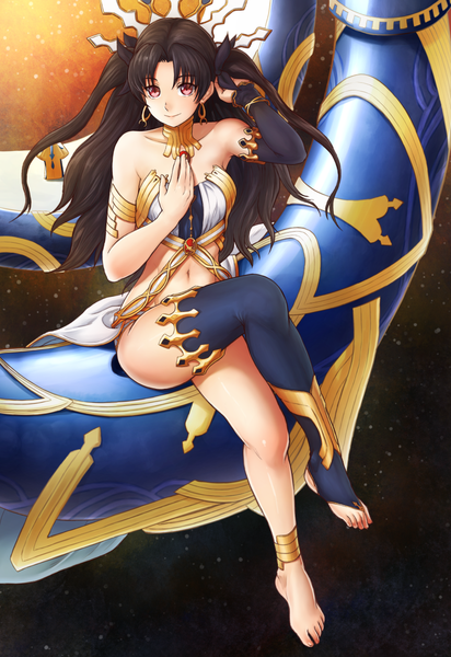 Anime picture 850x1236 with fate (series) fate/grand order ishtar (fate) finalcake single long hair tall image looking at viewer fringe light erotic black hair red eyes sitting bare shoulders full body light smile two side up crossed legs gradient background adjusting hair