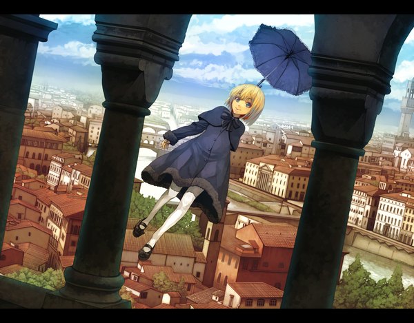 Anime picture 2300x1800 with goe highres blue eyes blonde hair sky cloud (clouds) shadow city cityscape river falling dress plant (plants) pantyhose tree (trees) umbrella blue dress white pantyhose bridge