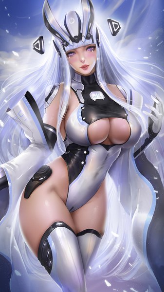 Anime picture 844x1500 with original sony ps5 chan turewindwalker single long hair tall image looking at viewer blush fringe breasts light erotic large breasts standing purple eyes sky cleavage silver hair cloud (clouds) outdoors