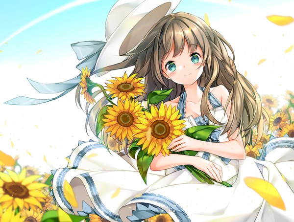 Anime picture 1319x1000 with original juna single long hair looking at viewer blush fringe blue eyes smile brown hair holding sky wind sunlight hat removed girl dress flower (flowers) hat sundress