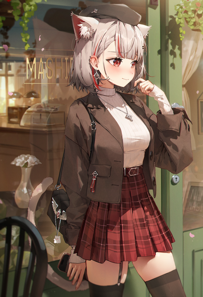 Anime picture 2000x2934 with virtual youtuber stellive neneko mashiro kellymonica02 single tall image blush fringe highres short hair breasts smile standing animal ears looking away outdoors tail long sleeves animal tail pleated skirt