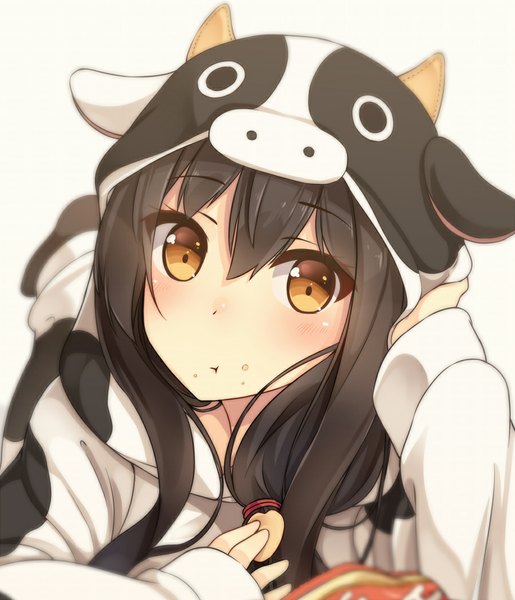 Anime picture 900x1047 with kantai collection akagi aircraft carrier hiiragi hajime single long hair tall image looking at viewer blush fringe black hair simple background white background yellow eyes tail lying horn (horns) on stomach eating head rest cow girl