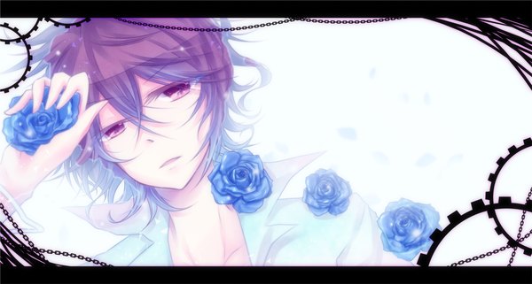 Anime picture 1228x657 with gekka ryouran romance aoi kano mokoppe short hair simple background wide image white background purple eyes purple hair letterboxed open collar boy flower (flowers) shirt petals rose (roses) blue rose