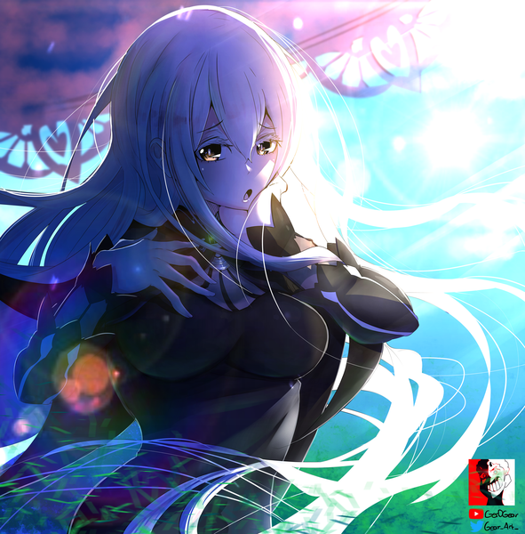 Anime picture 3922x3985 with re:zero kara hajimeru isekai seikatsu white fox echidna (re:zero) cedric (gear art) single long hair tall image looking at viewer fringe highres breasts open mouth hair between eyes large breasts standing brown eyes signed absurdres sky cloud (clouds)