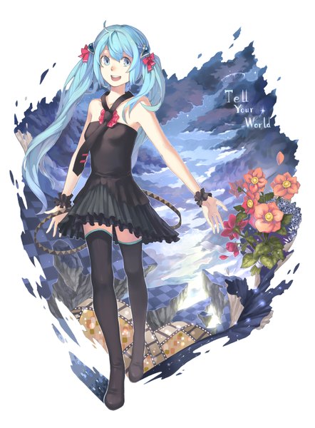 Anime picture 2480x3366 with vocaloid hatsune miku chati single long hair tall image highres open mouth twintails aqua eyes aqua hair girl thighhighs dress flower (flowers) bow black thighhighs hair bow necktie frills